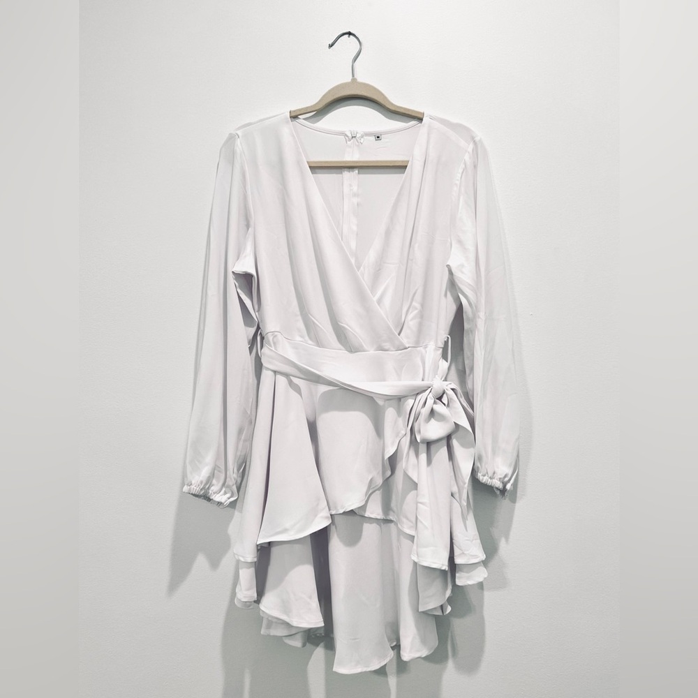 White Flowy Long Sleeve Faux Wrap Dress with Layered Skirt
